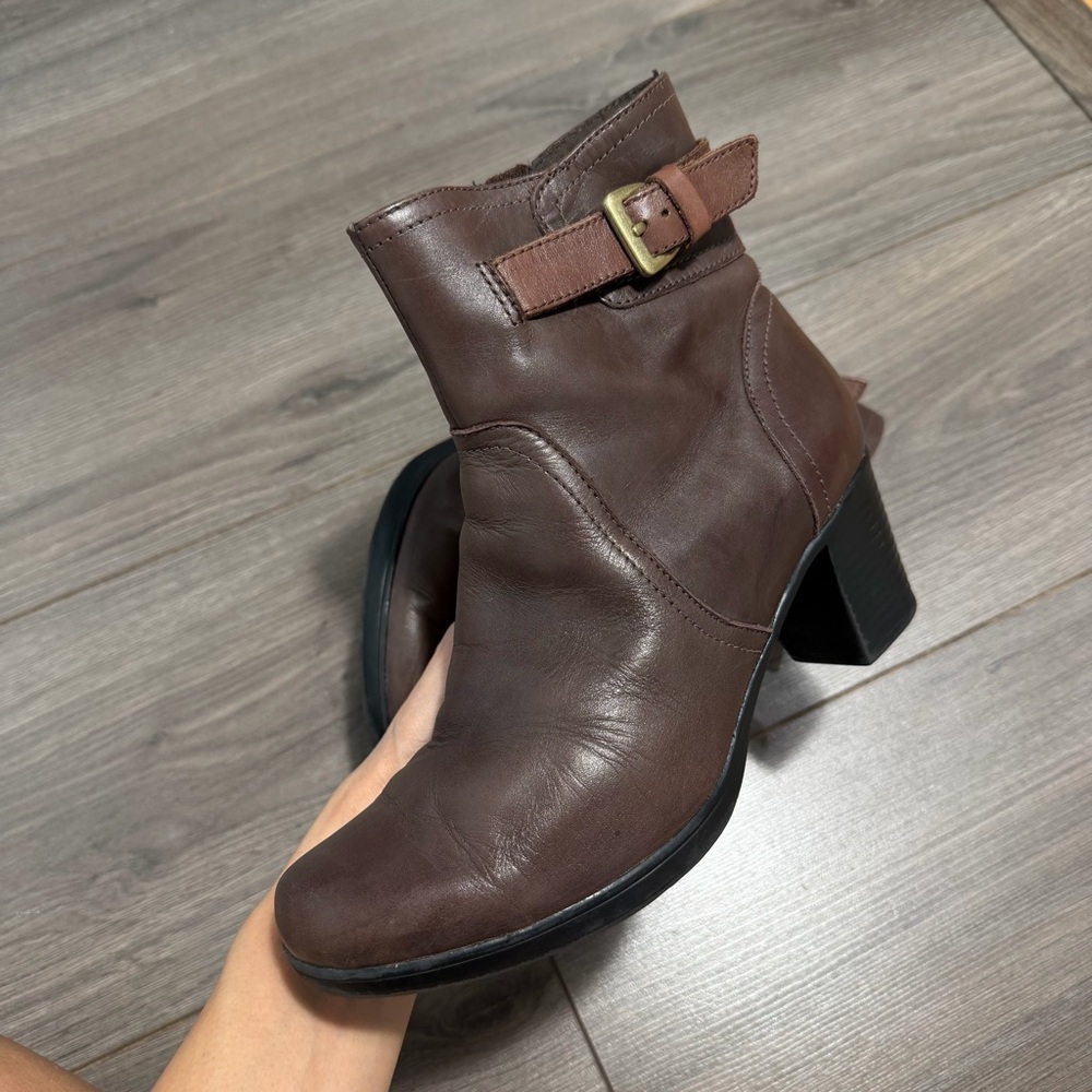 CLARKS Women's Brown Leather Ankle Boots with Buckle Detail